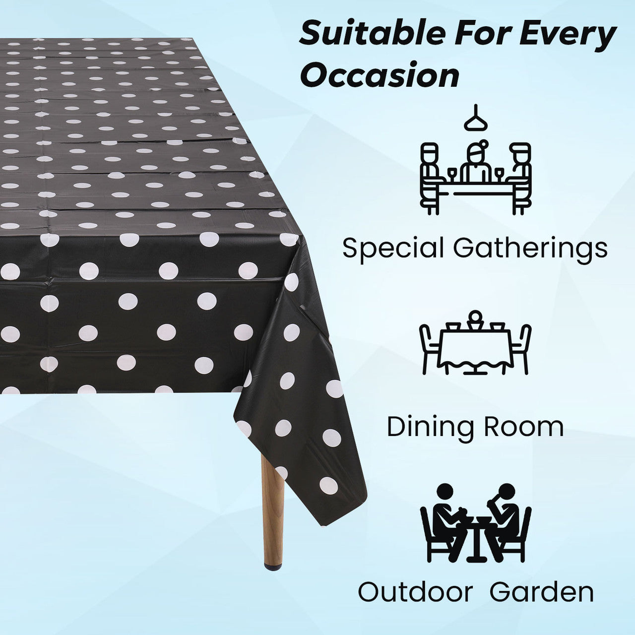 Rectangular Plastic Disposable Tablecloth - Black - White Polka Dot Print