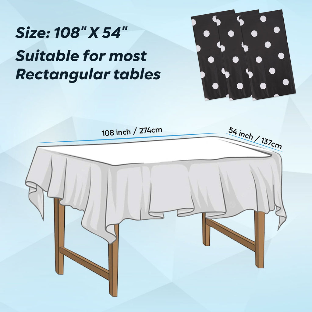 Rectangular Plastic Disposable Tablecloth - Black - White Polka Dot Print