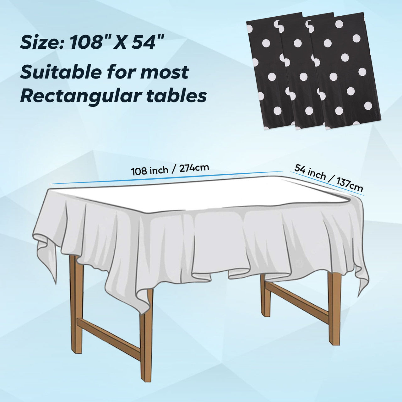 Rectangular Plastic Disposable Tablecloth - Black - White Polka Dot Print