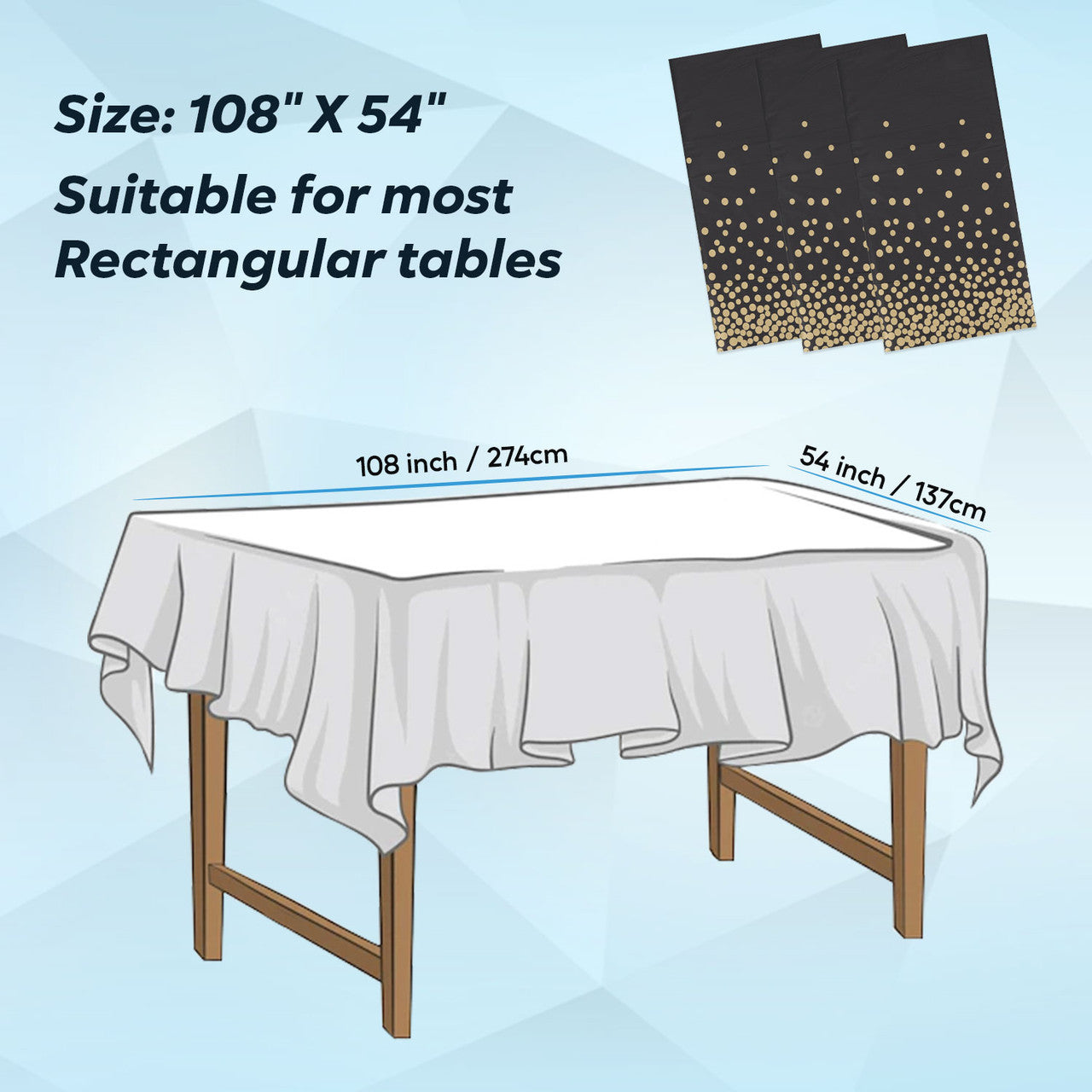Rectangular Plastic Disposable Tablecloth - Black - Gold Dot Confetti Print