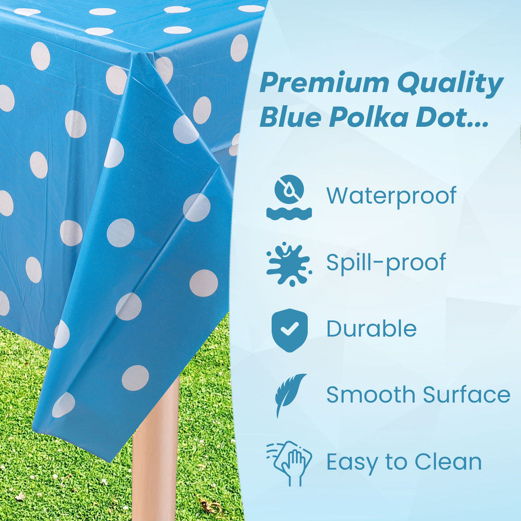Rectangular Plastic Disposable Tablecloth - Blue - White Polka Dot Print
