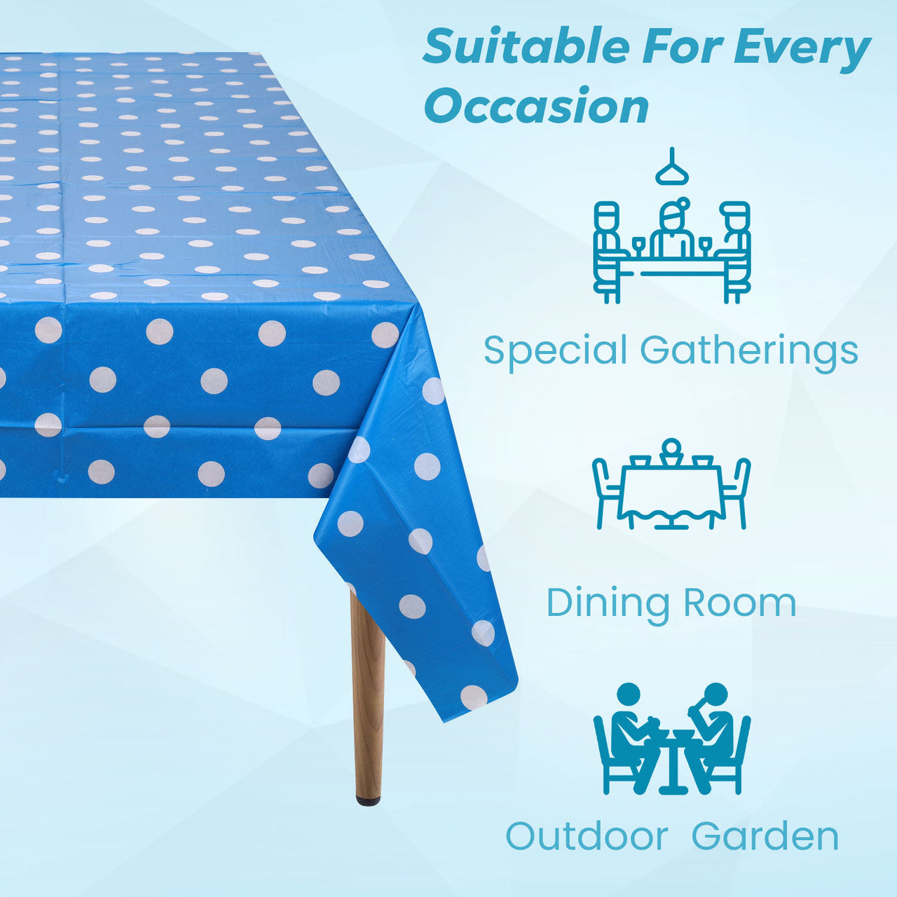 Rectangular Plastic Disposable Tablecloth - Blue - White Polka Dot Print