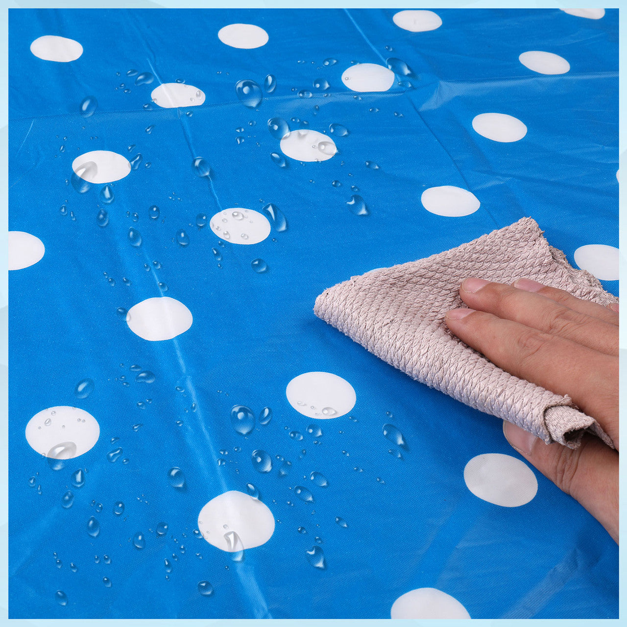 Rectangular Plastic Disposable Tablecloth - Blue - White Polka Dot Print