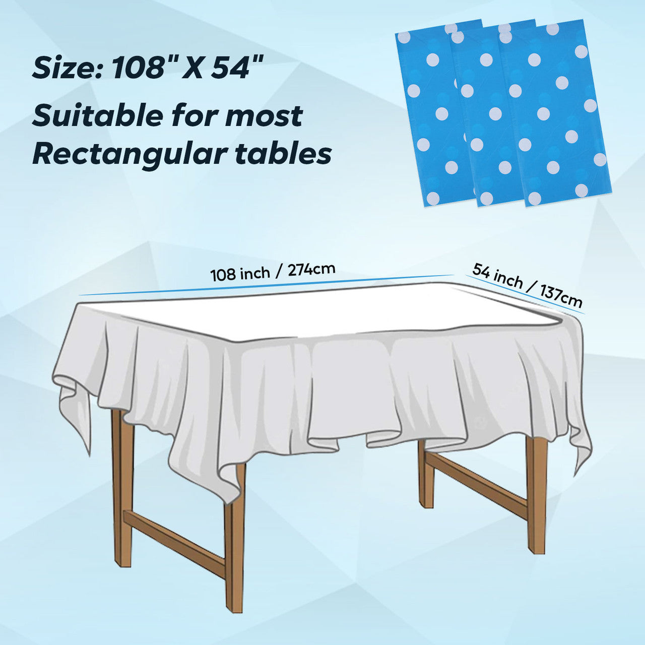 Rectangular Plastic Disposable Tablecloth - Blue - White Polka Dot Print