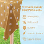 Rectangular Plastic Disposable Tablecloth - Gold - White Polka Dot Print