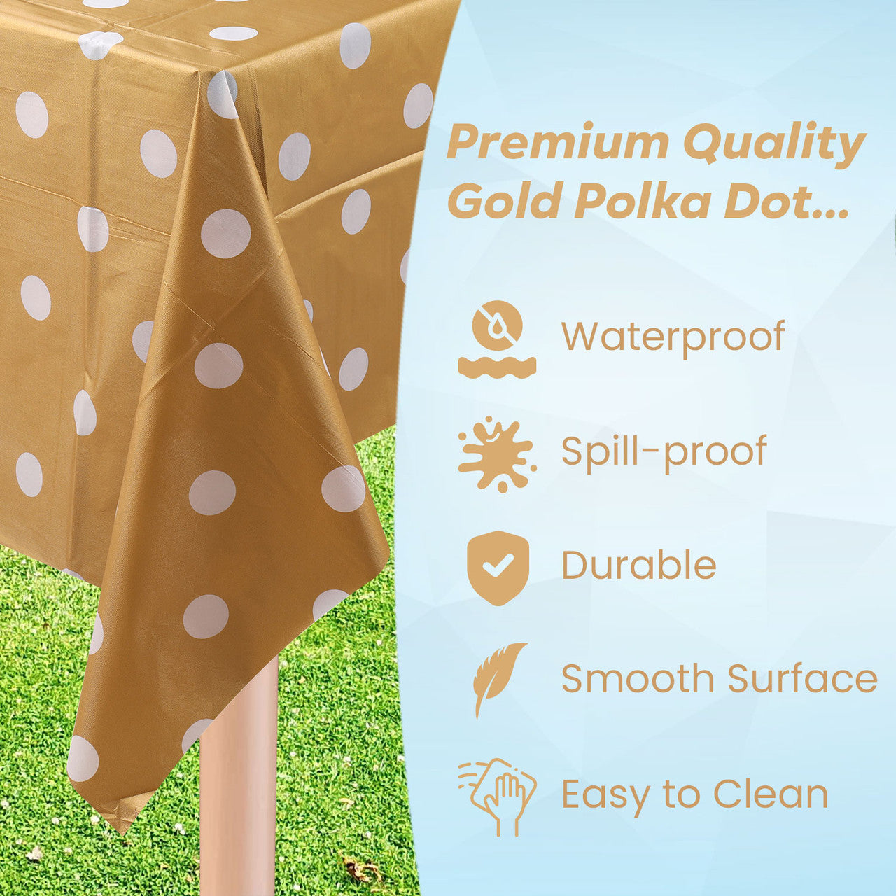 Rectangular Plastic Disposable Tablecloth - Gold - White Polka Dot Print