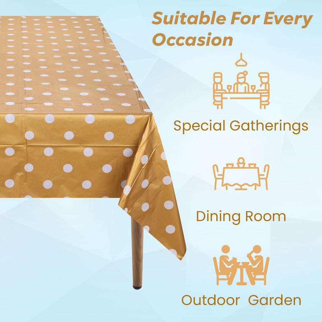 Rectangular Plastic Disposable Tablecloth - Gold - White Polka Dot Print