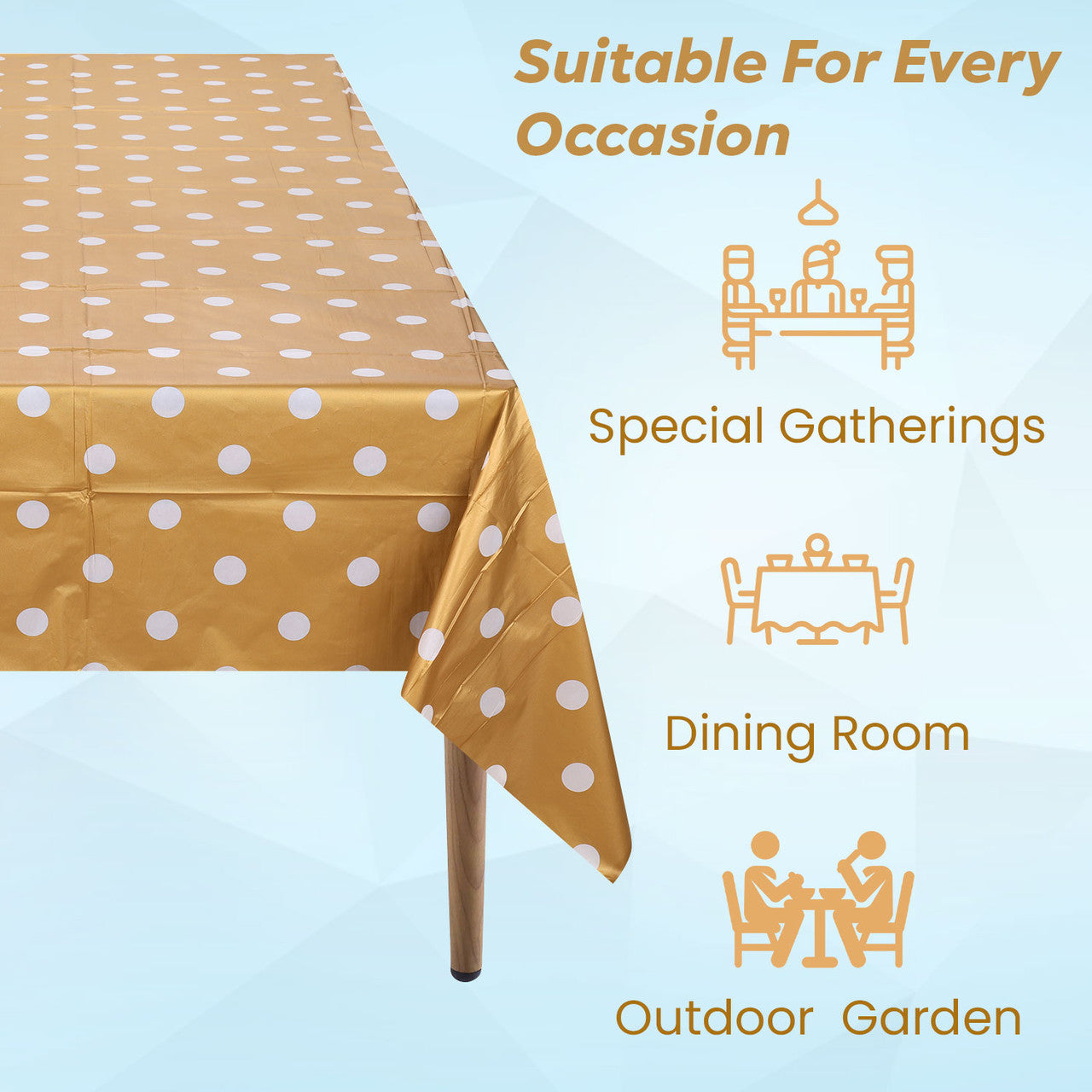 Rectangular Plastic Disposable Tablecloth - Gold - White Polka Dot Print
