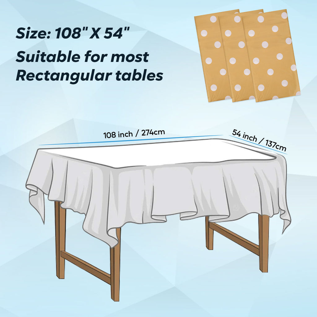 Rectangular Plastic Disposable Tablecloth - Gold - White Polka Dot Print