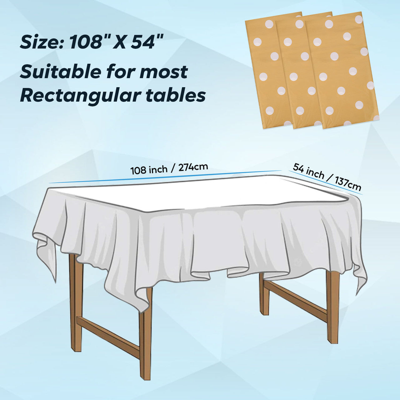 Rectangular Plastic Disposable Tablecloth - Gold - White Polka Dot Print