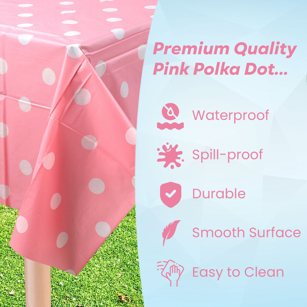 Rectangular Plastic Disposable Tablecloth - Pink - White Polka Dot Print