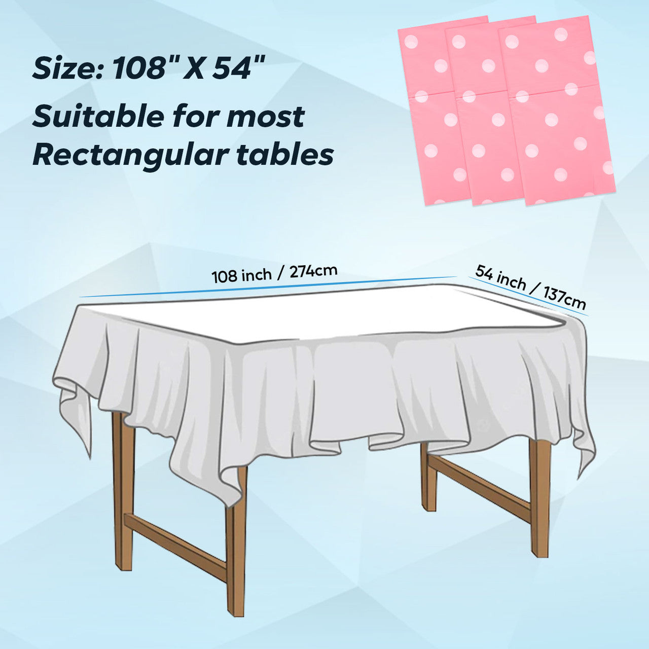 Rectangular Plastic Disposable Tablecloth - Pink - White Polka Dot Print