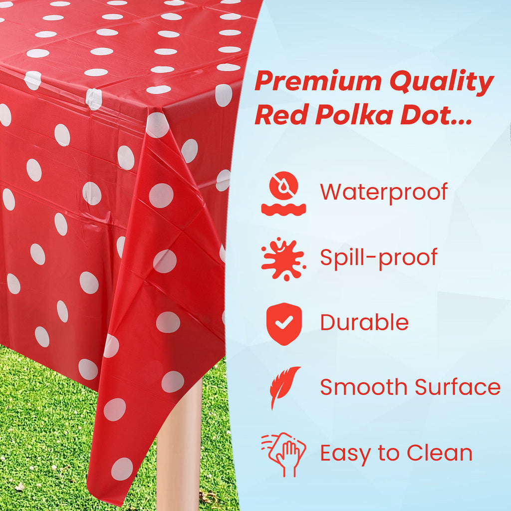 Rectangular Plastic Disposable Tablecloth - Red - White Polka Dot Print