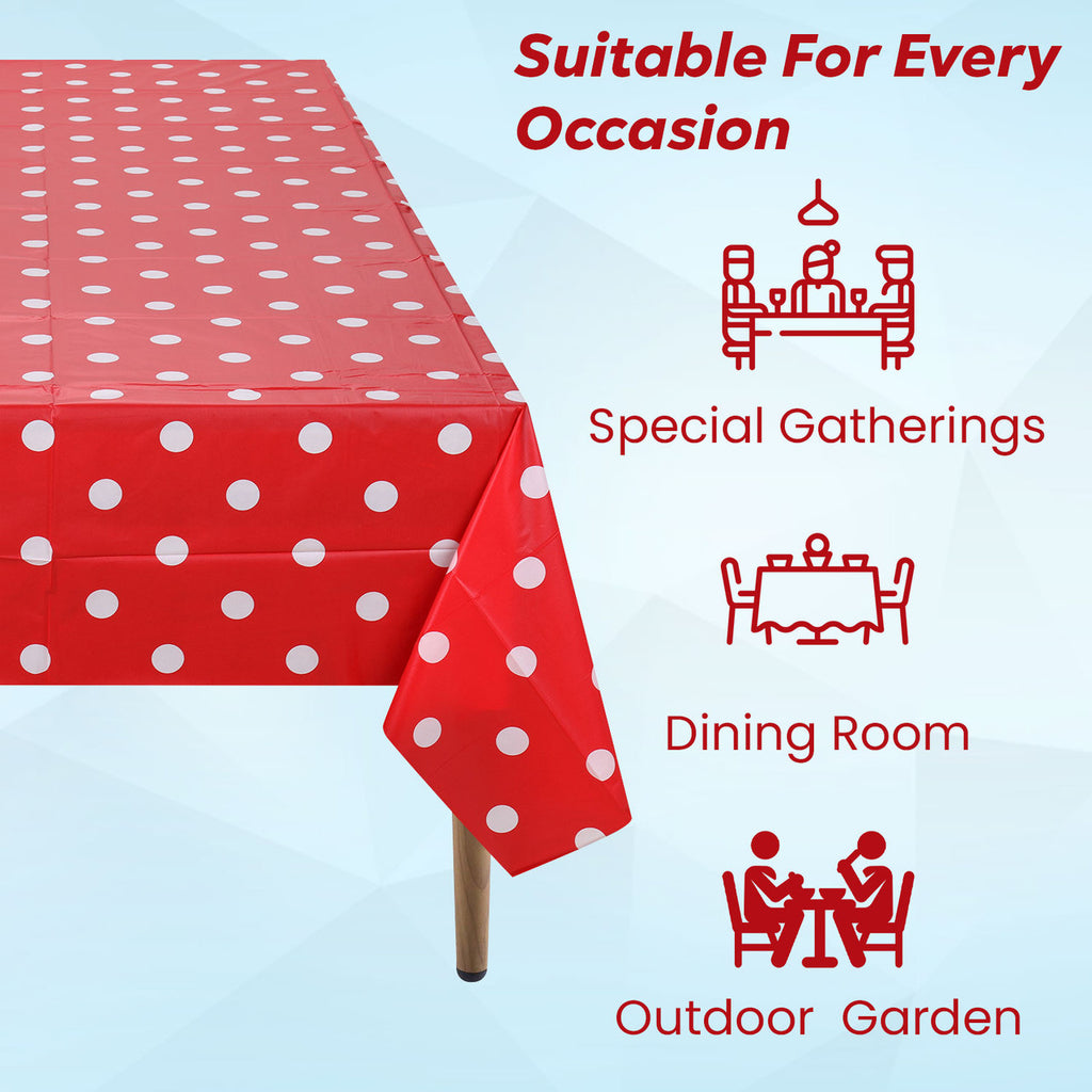 Rectangular Plastic Disposable Tablecloth - Red - White Polka Dot Print