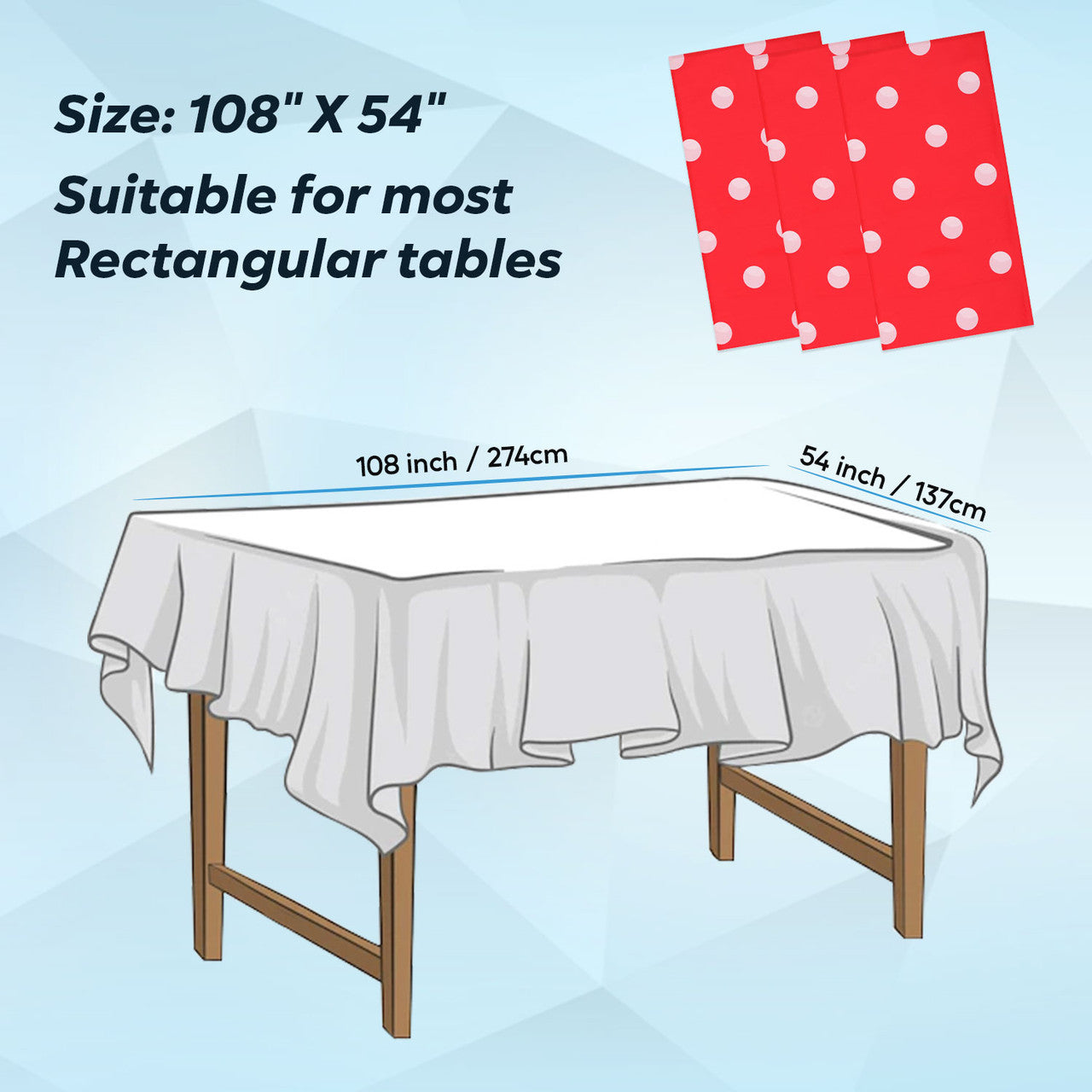 Rectangular Plastic Disposable Tablecloth - Red - White Polka Dot Print