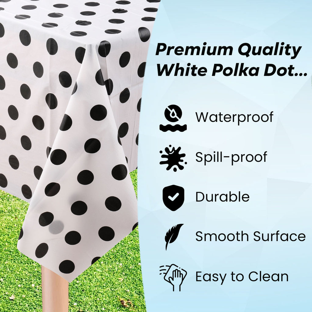 Rectangular Plastic Disposable Tablecloth - White - Black Polka Dot Print