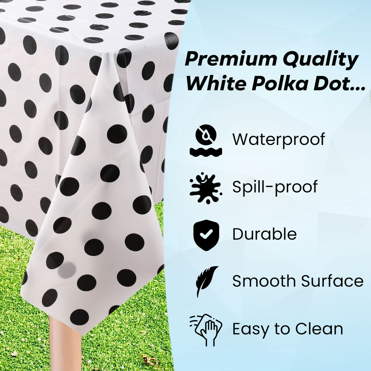 Rectangular Plastic Disposable Tablecloth - White - Black Polka Dot Print