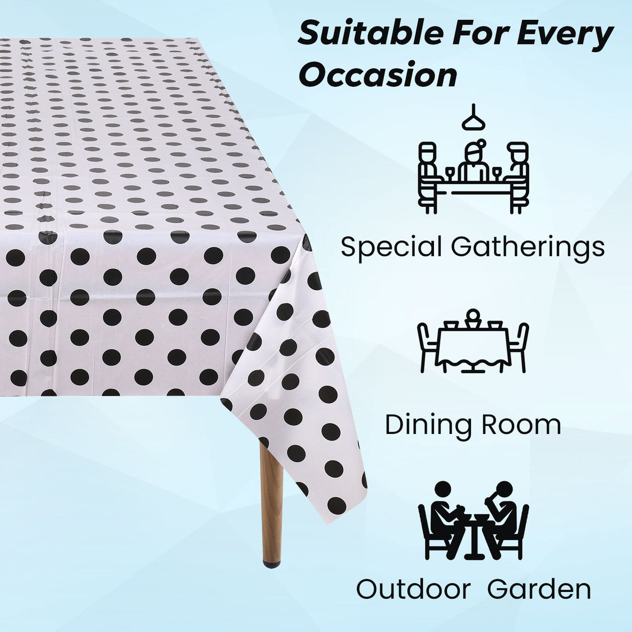 Rectangular Plastic Disposable Tablecloth - White - Black Polka Dot Print