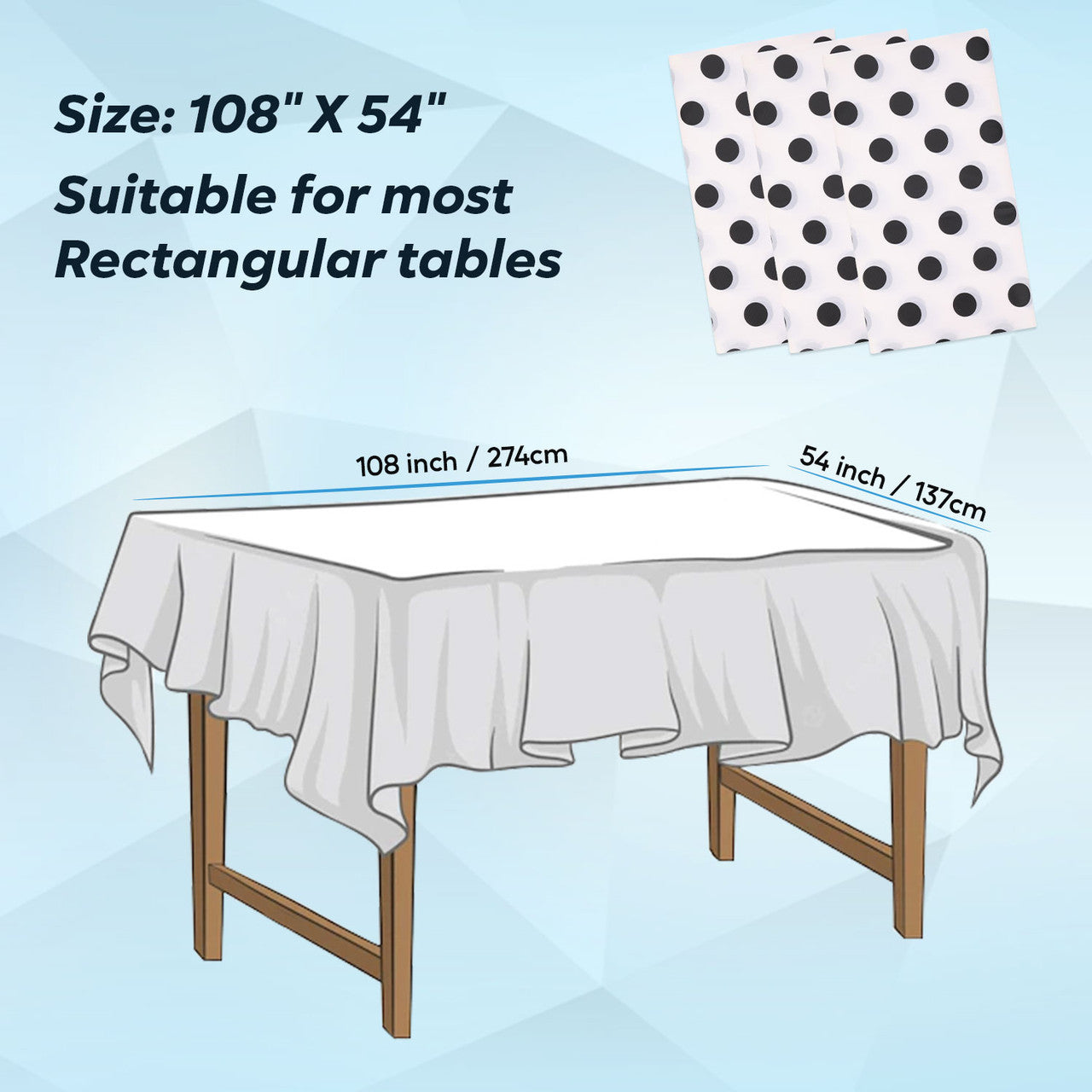 Rectangular Plastic Disposable Tablecloth - White - Black Polka Dot Print