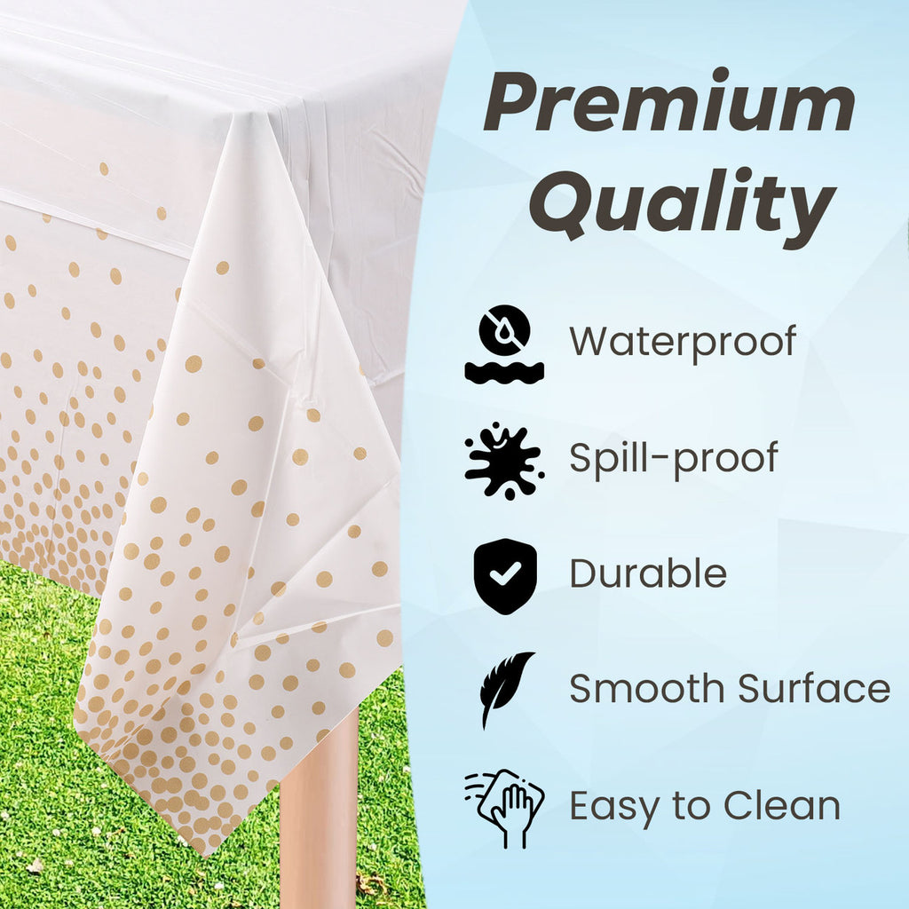 Rectangular Plastic Disposable Tablecloth - White - Gold Dot Confetti Print