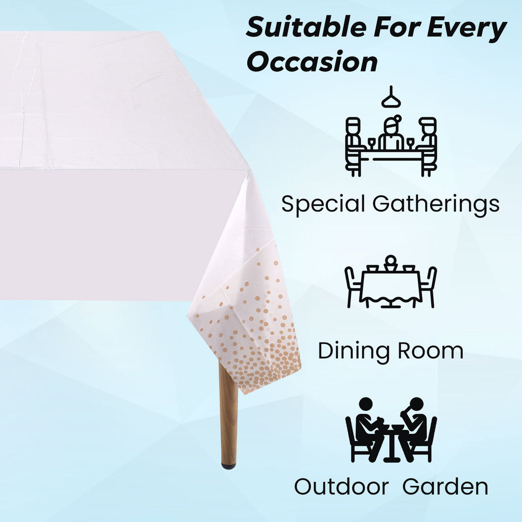 Rectangular Plastic Disposable Tablecloth - White - Rose Gold Dot Confetti Print