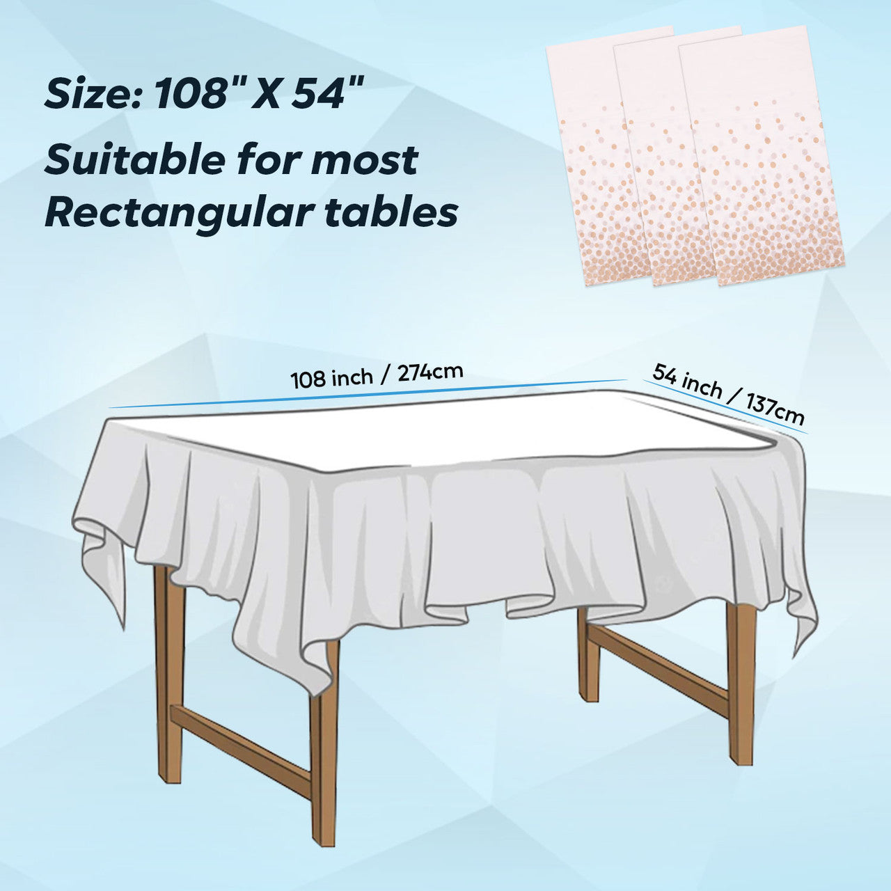 Rectangular Plastic Disposable Tablecloth - White - Rose Gold Dot Confetti Print