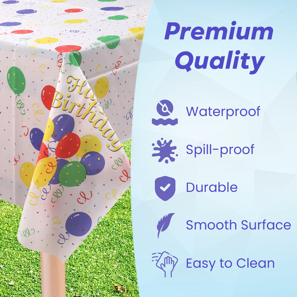 Rectangular Plastic Disposable Tablecloth - White - Multicolour Happy Birthday Polka Dot Print