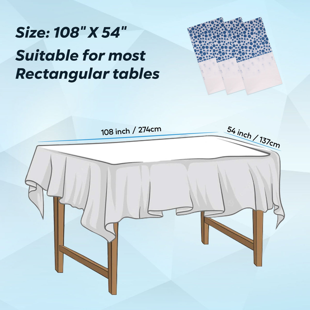 Rectangular Plastic Disposable Tablecloth - White - Sky Blue Polka Dot Print