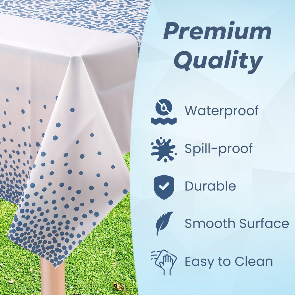 Rectangular Plastic Disposable Tablecloth - White - Sky Blue Polka Dot Print
