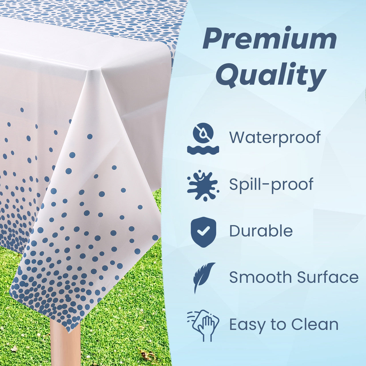 Rectangular Plastic Disposable Tablecloth - White - Sky Blue Polka Dot Print