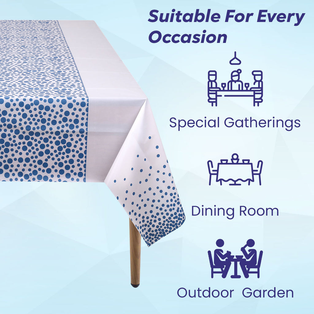 Rectangular Plastic Disposable Tablecloth - White - Sky Blue Polka Dot Print