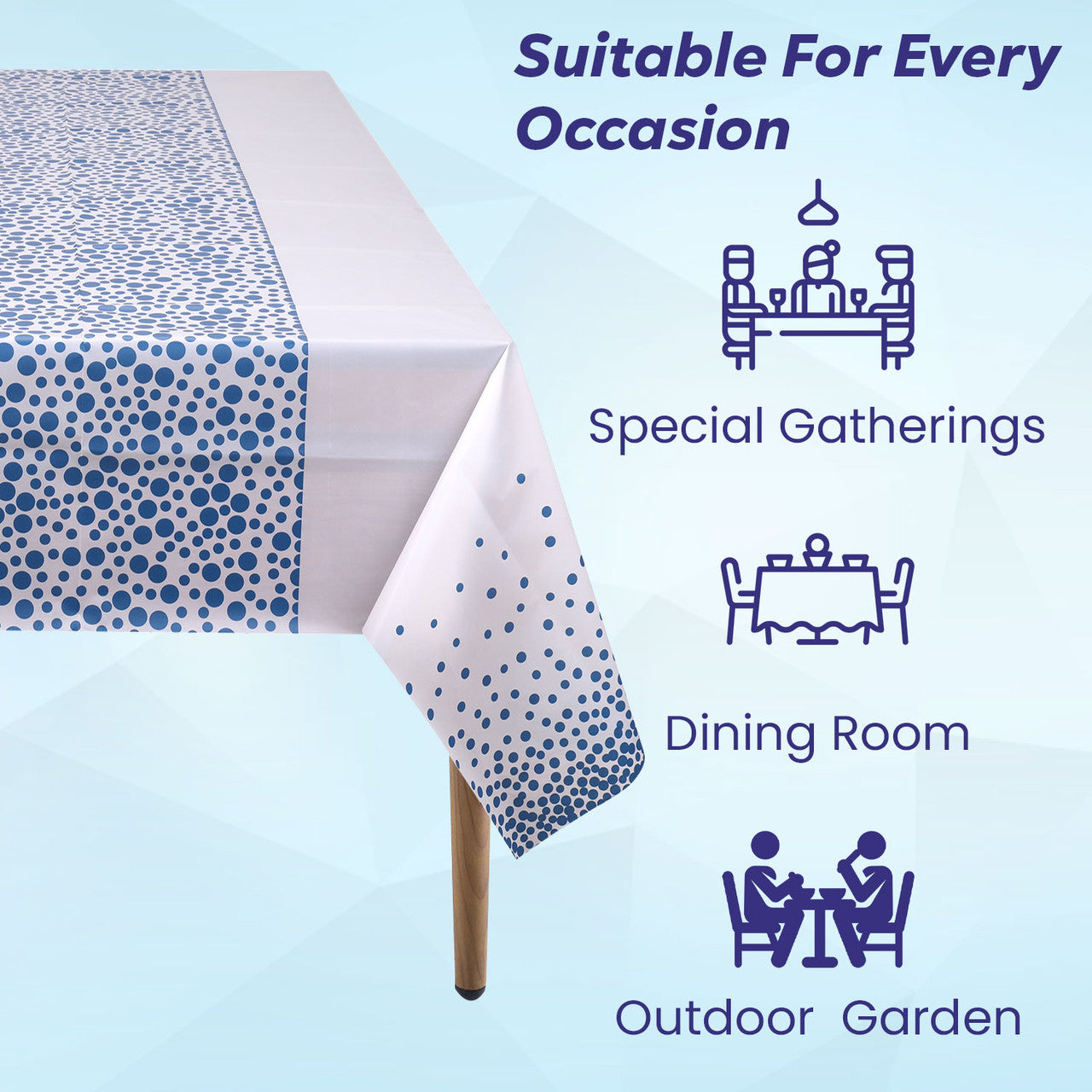 Rectangular Plastic Disposable Tablecloth - White - Sky Blue Polka Dot Print