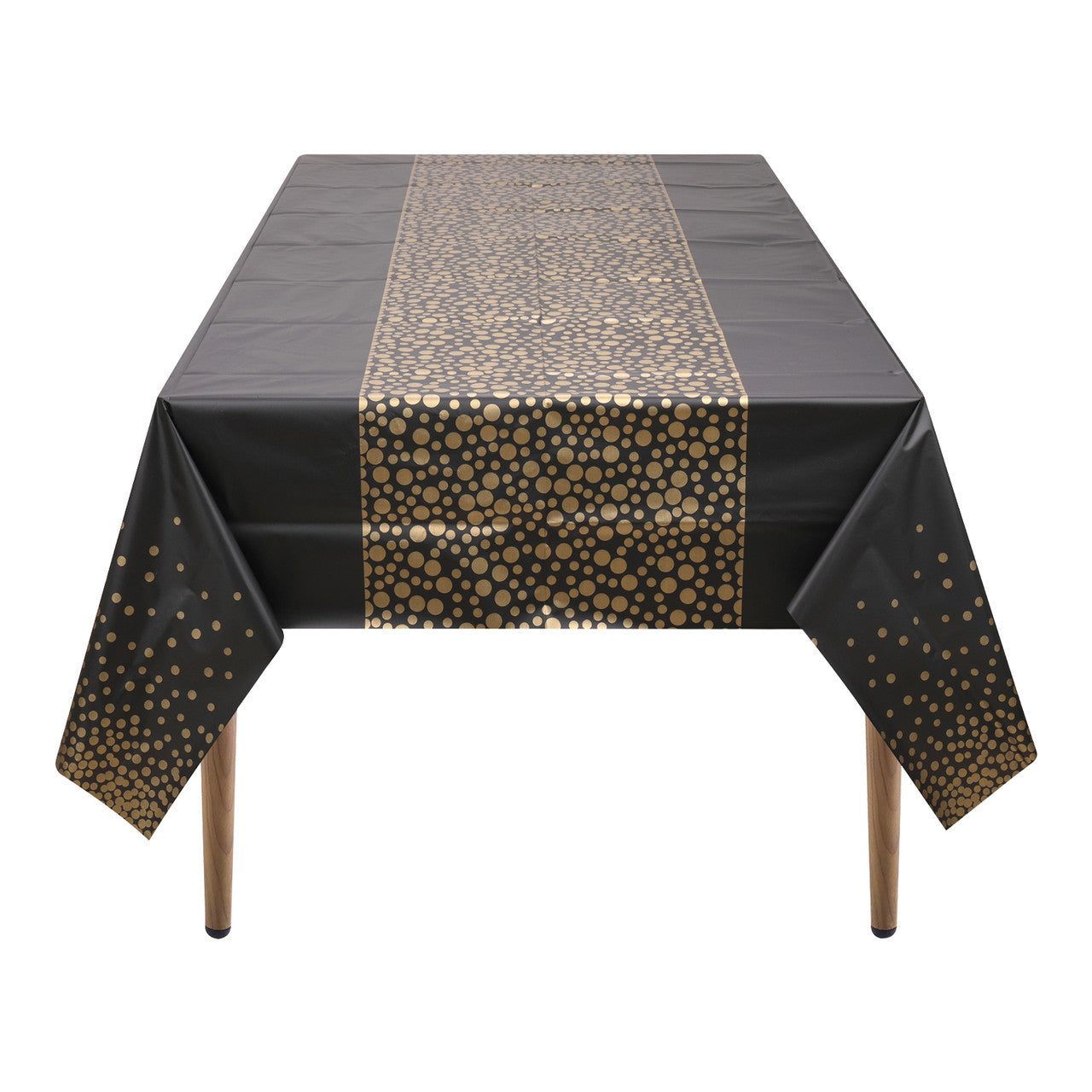 Rectangular Plastic Disposable Tablecloth - Black - Gold Polka Dot Print