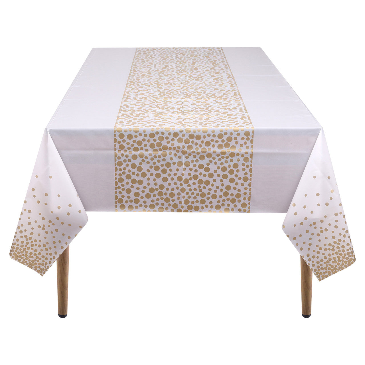 Rectangular Plastic Disposable Tablecloth - White - Gold Polka Dot Print