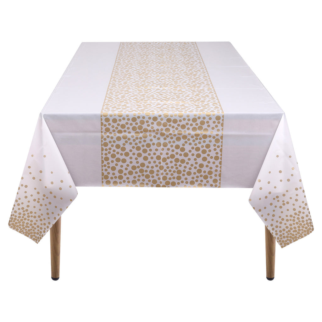 Rectangular Plastic Disposable Tablecloth - White - Gold Polka Dot Print
