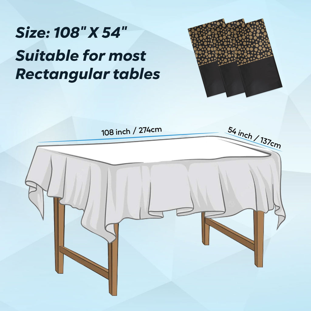 Rectangular Plastic Disposable Tablecloth - Black - Gold Polka Dot Print