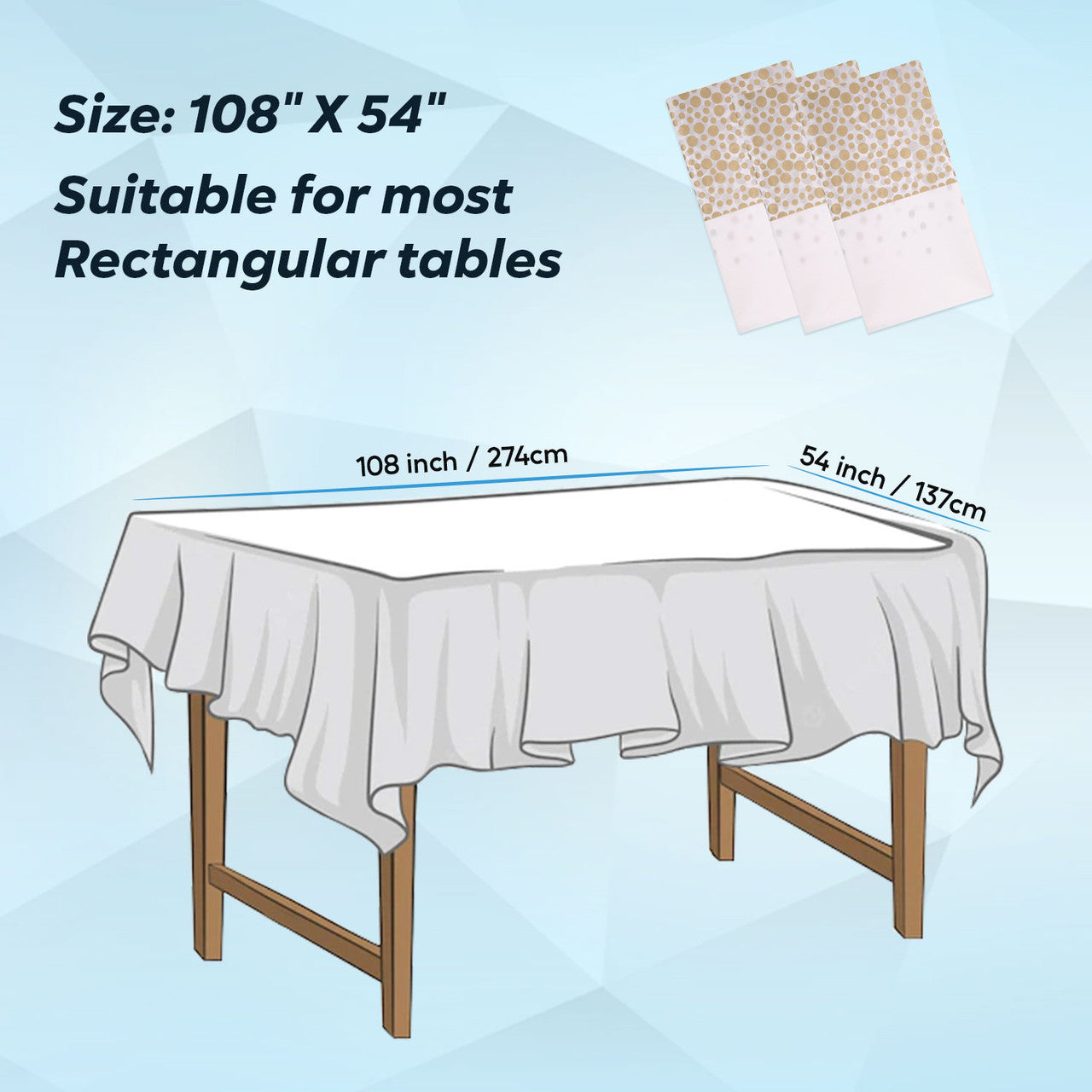Rectangular Plastic Disposable Tablecloth - White - Gold Polka Dot Print