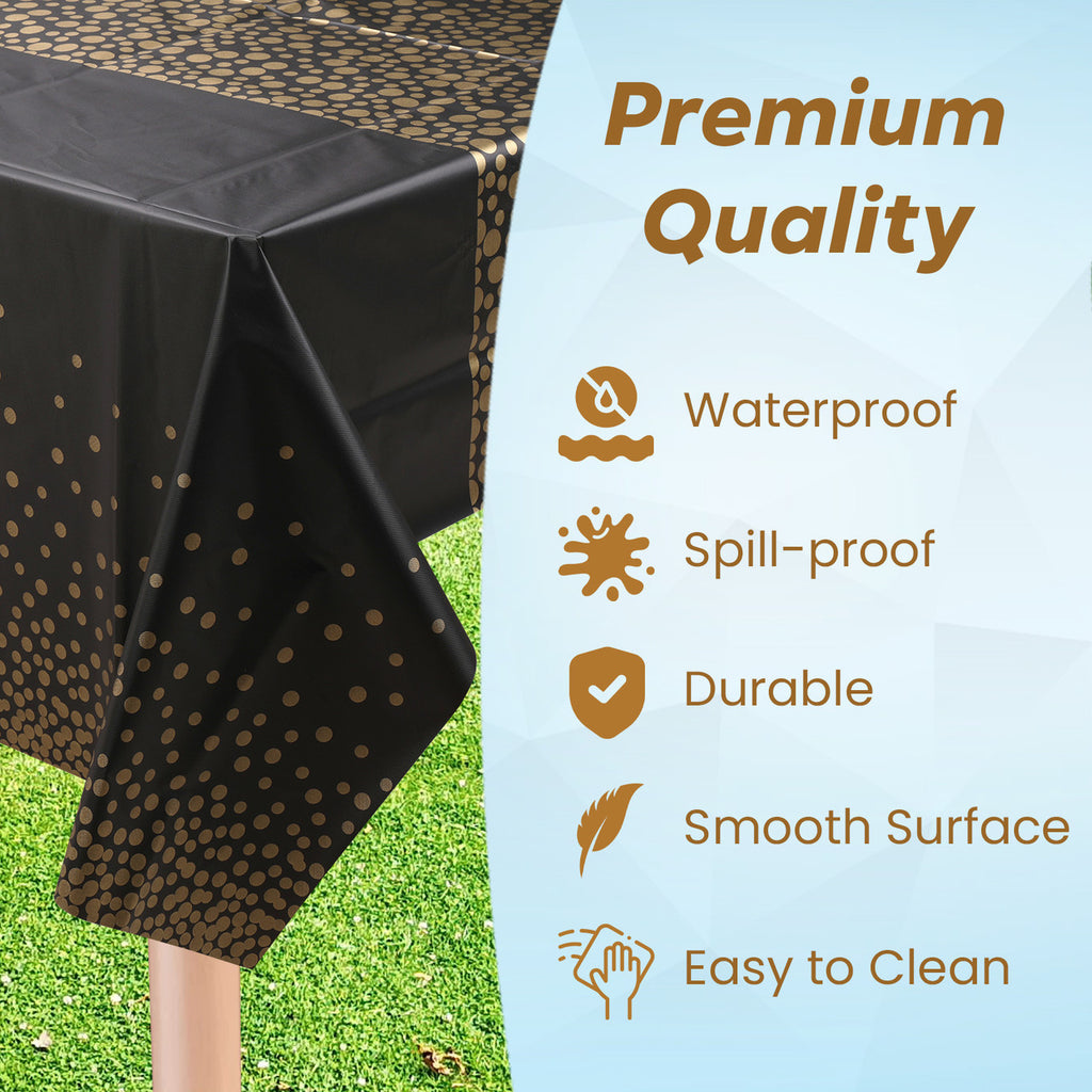 Rectangular Plastic Disposable Tablecloth - Black - Gold Polka Dot Print