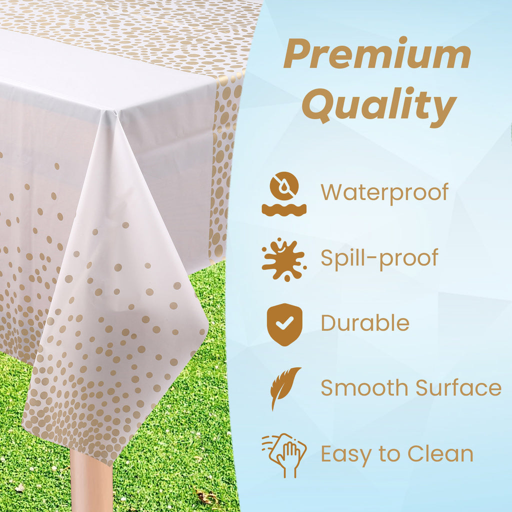 Rectangular Plastic Disposable Tablecloth - White - Gold Polka Dot Print