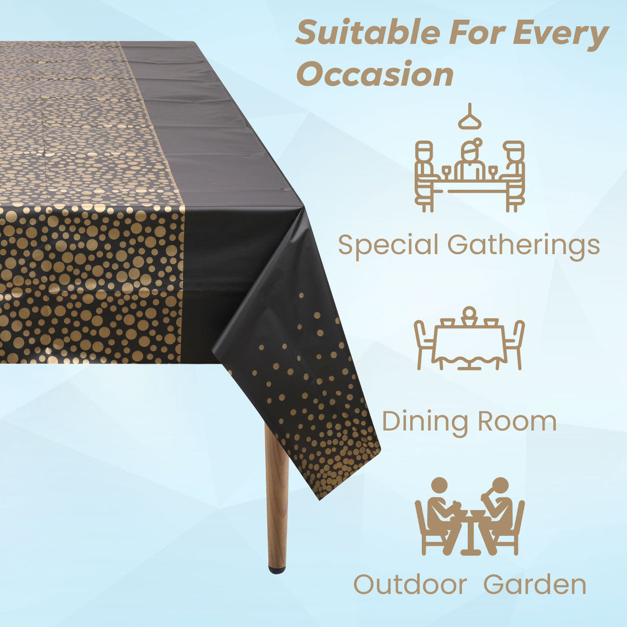 Rectangular Plastic Disposable Tablecloth - Black - Gold Polka Dot Print