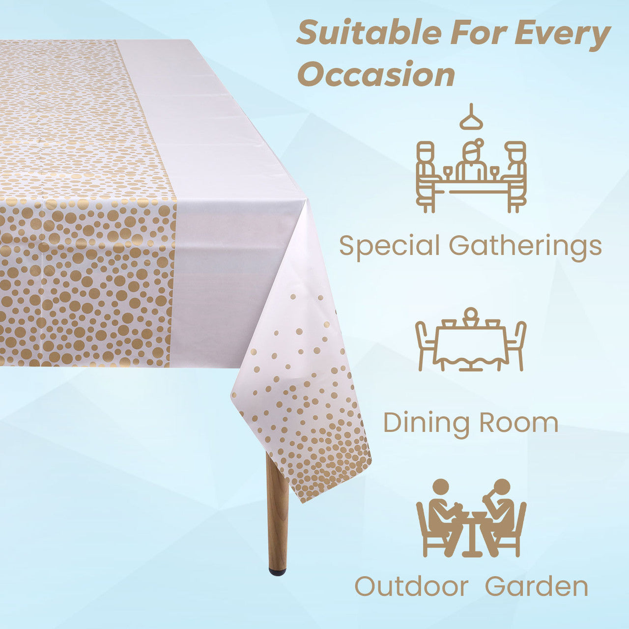 Rectangular Plastic Disposable Tablecloth - White - Gold Polka Dot Print