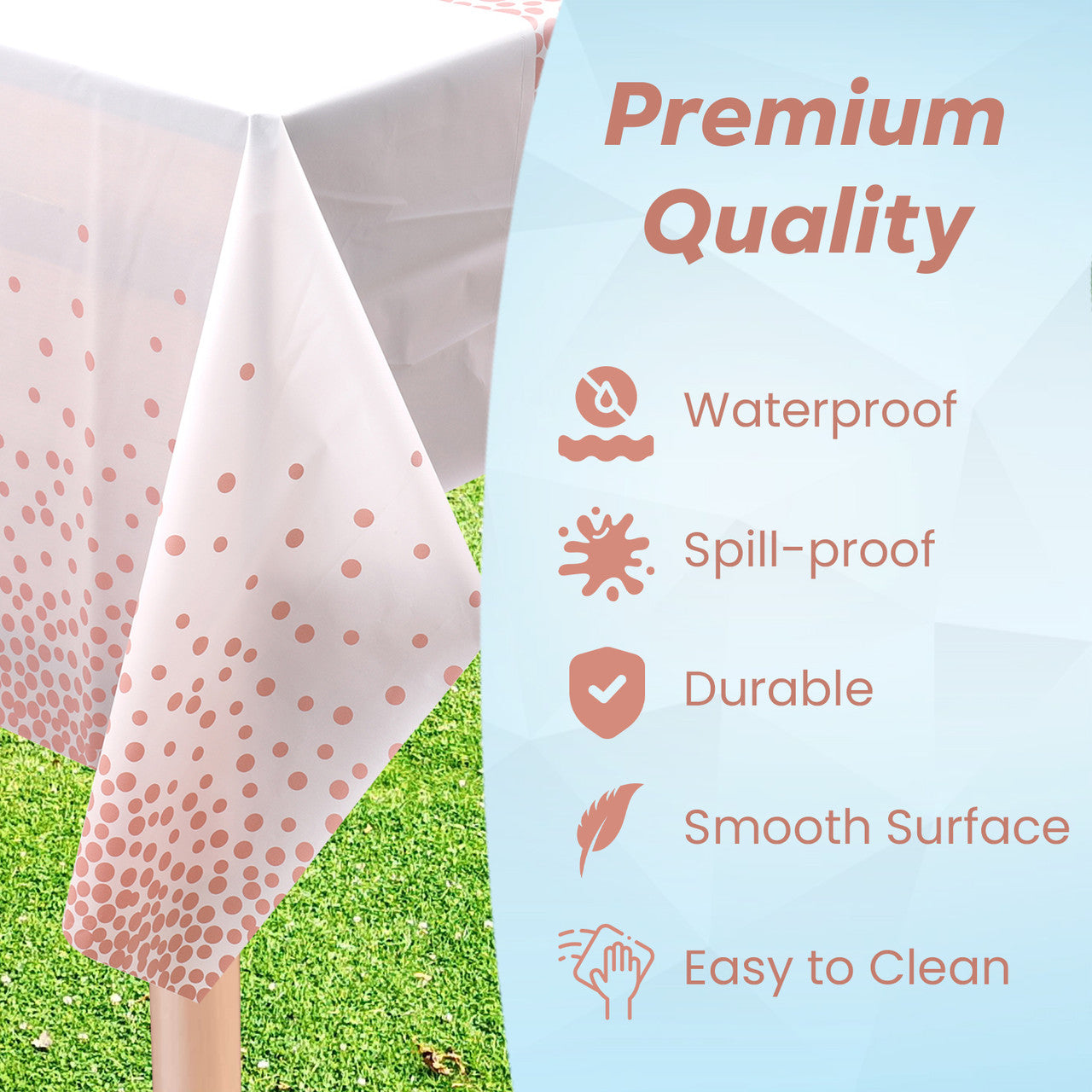 Rectangular Plastic Disposable Tablecloth - White - Rose Gold Polka Dot Print