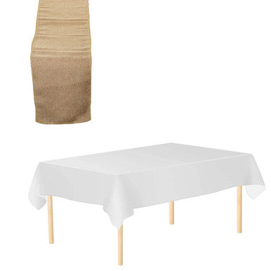 Plastic Tablecloth and Hesian Table Runner Set - White & Plain Hessian