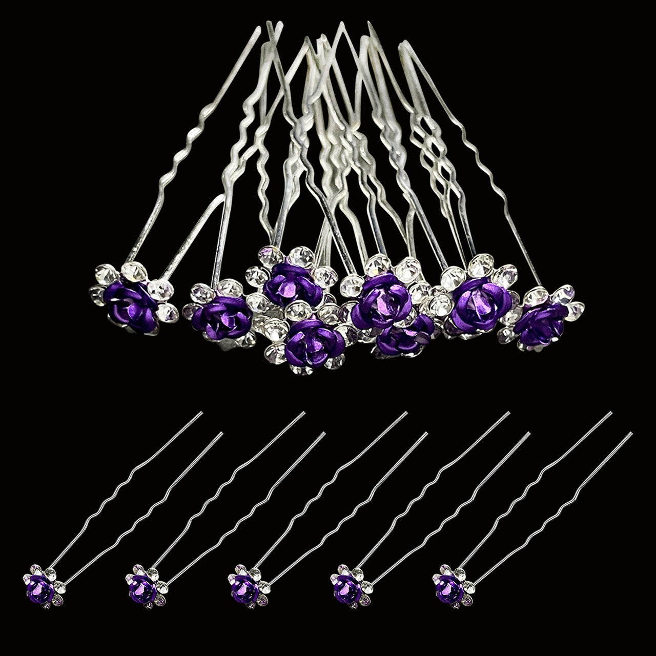 Flower Crystal Hair Pins - 10pcs