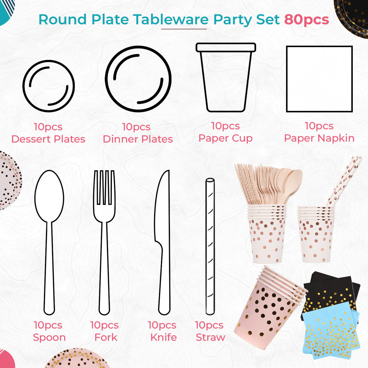 Disposable Dinnerware Party Tableware Set (80pcs) -  White & Rose Gold