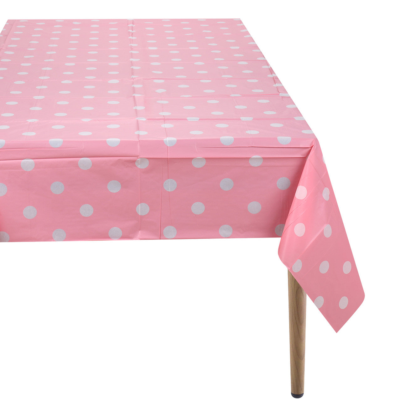 Rectangular Plastic Disposable Tablecloth - Pink - White Polka Dot Print