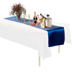Plastic Tablecloth and Satin Table Runner Set - White & Royal Blue