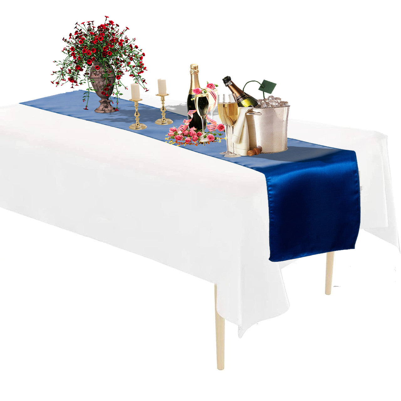 Plastic Tablecloth and Satin Table Runner Set - White & Royal Blue
