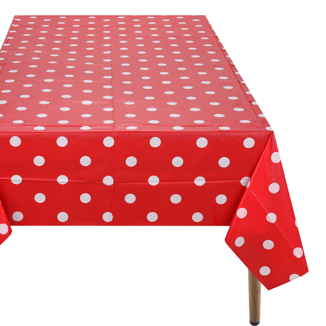 Rectangular Plastic Disposable Tablecloth - Red - White Polka Dot Print
