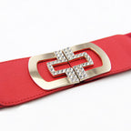 Elasticated Belt with Cross Diamante Buckle - Red